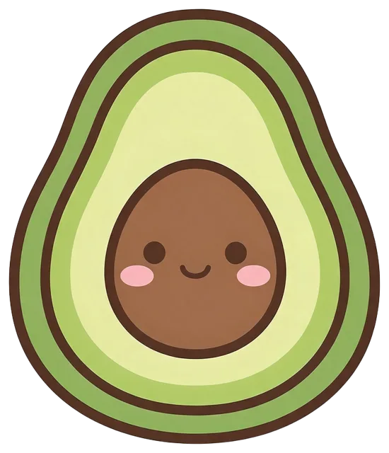 Flat vector illustration of a halved avocado with a smiling face on its brown pit