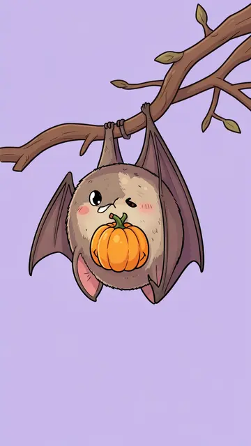 A round chibi bat hangs upside down from a branch while holding a tiny orange pumpkin against a solid lilac background