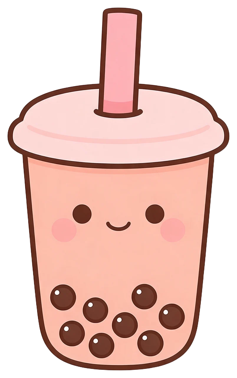 Charming kawaii bubble tea cup with a smiling face, pink straw, and tapioca pearls