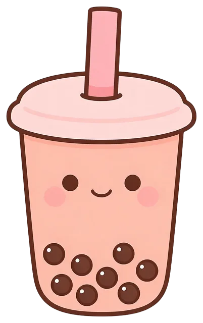 Charming kawaii bubble tea cup with a smiling face, pink straw, and tapioca pearls