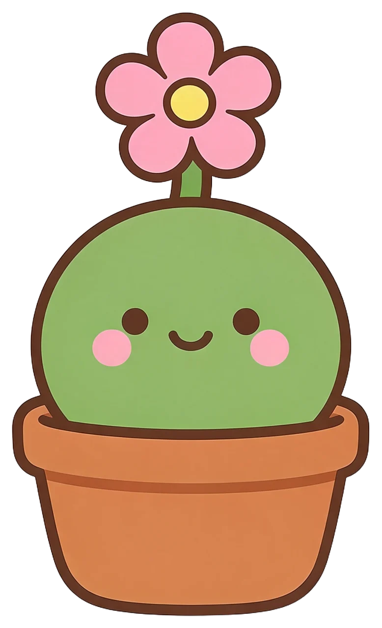A kawaii style round green cactus with a happy face sits in a terracotta pot topped with a pink flower