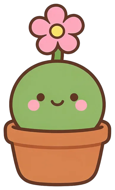 A kawaii style round green cactus with a happy face sits in a terracotta pot topped with a pink flower
