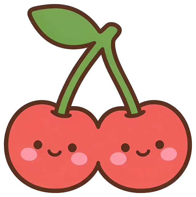 Adorable paired red cherries with smiling faces, green stems and one leaf