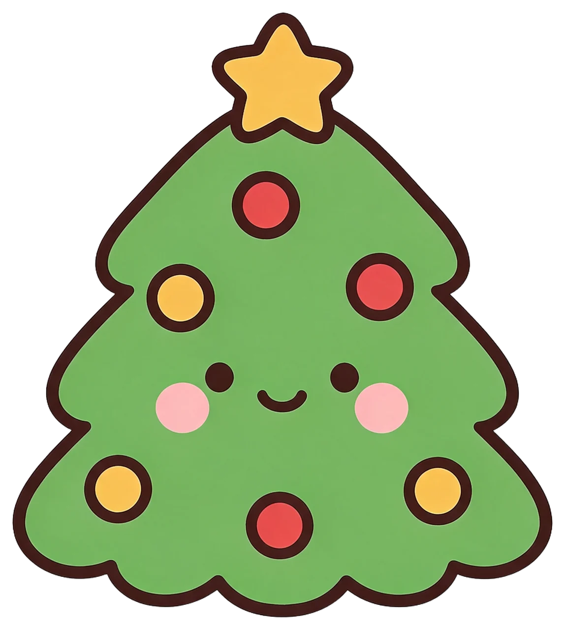 Cute kawaii style green Christmas tree sticker with a smiling face, star top, and colorful baubles
