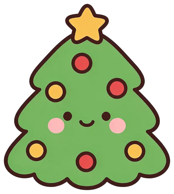 Cute kawaii style green Christmas tree sticker with a smiling face, star top, and colorful baubles