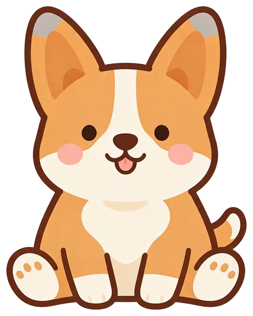 Happy sitting corgi illustration with big upright ears, tongue out and pink blush cheeks