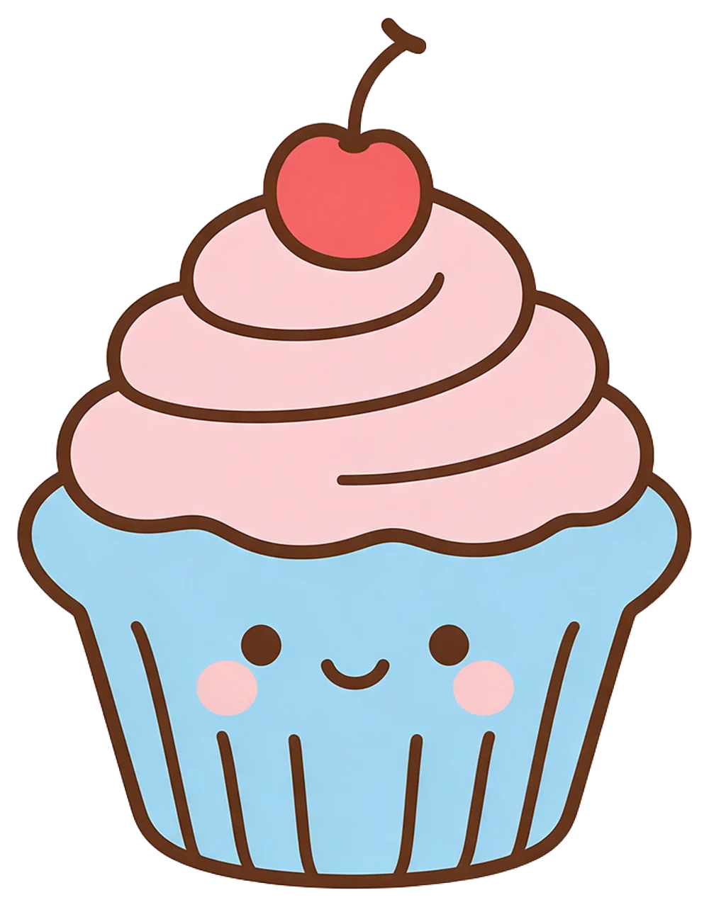 A smiling kawaii cupcake with blue wrapper, pink frosting and a cherry on top