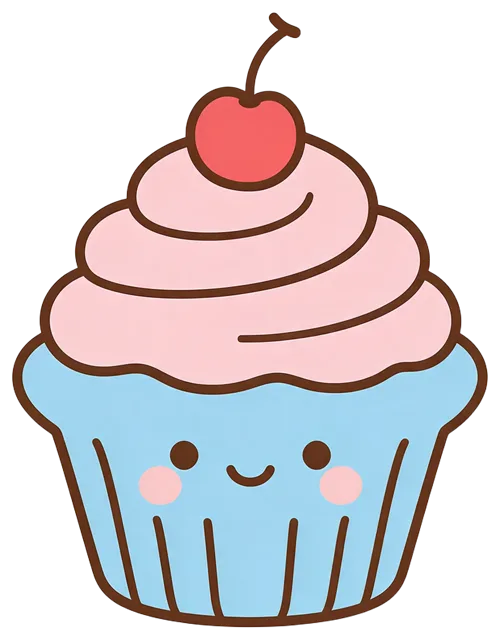 A smiling kawaii cupcake with blue wrapper, pink frosting and a cherry on top