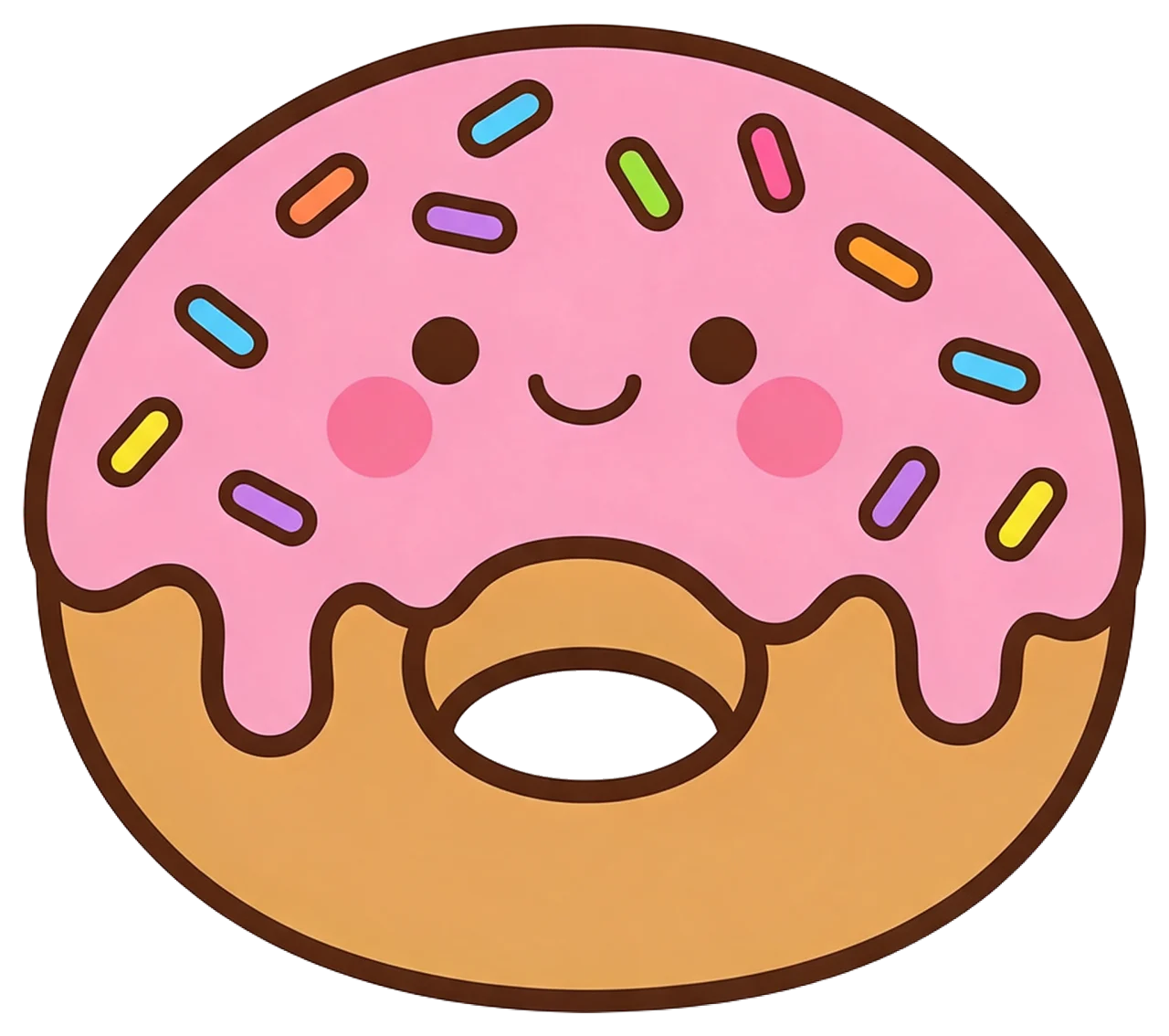 Kawaii illustration of a donut with pink icing, sprinkles and a happy smiling face