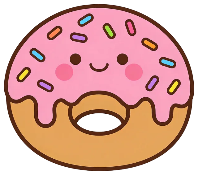 Kawaii illustration of a donut with pink icing, sprinkles and a happy smiling face