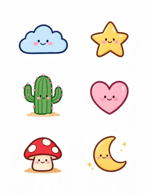 Six smiling cartoon doodles of a cloud, star, cactus, heart, mushroom, and crescent moon arranged in two columns on a plain