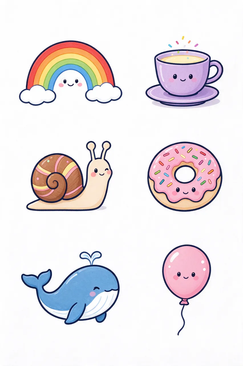 Six cheerful smiling cartoon doodles arranged in two columns on a plain white background
