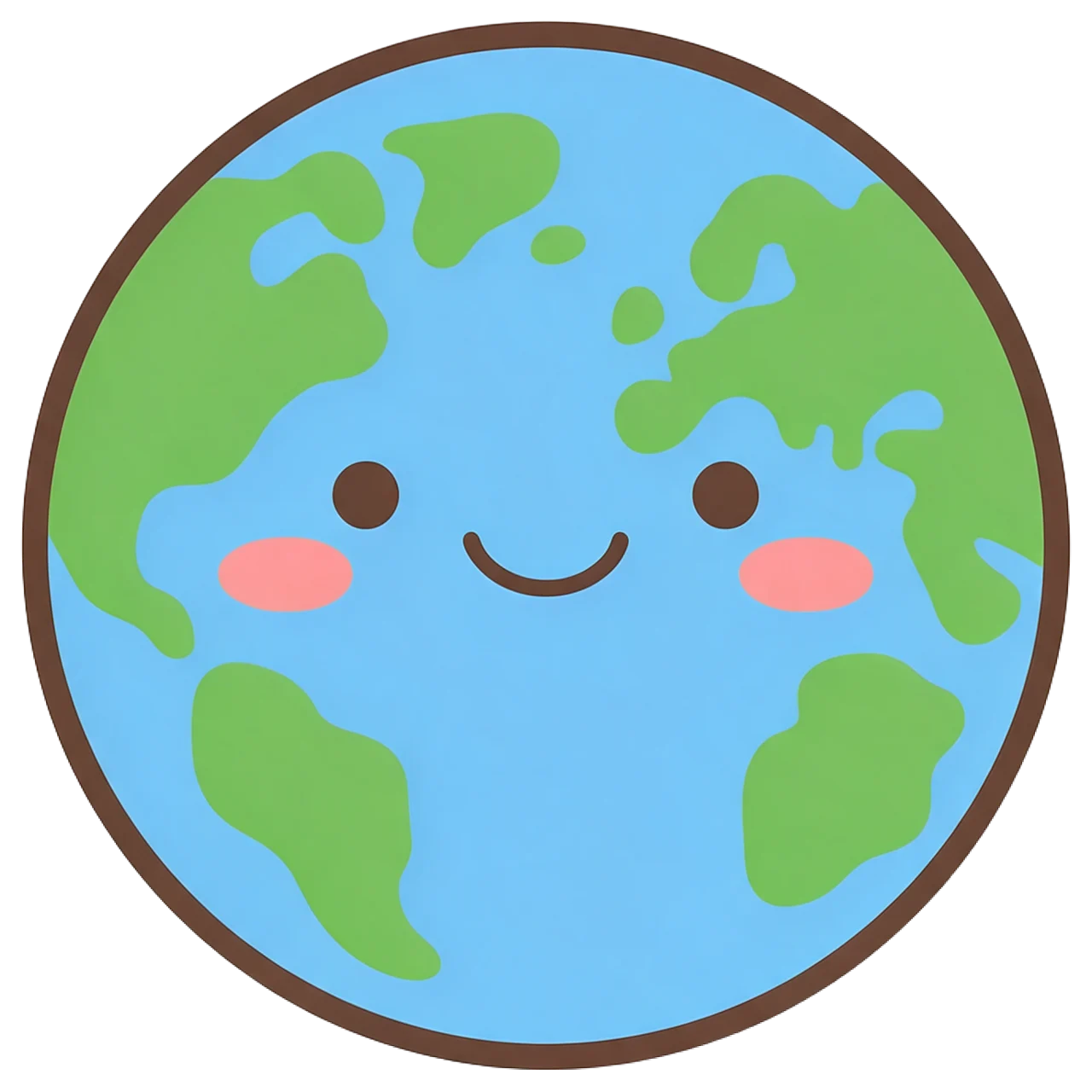 Smiling kawaii planet Earth illustration with blue seas, green land, blushing cheeks and a brown outline