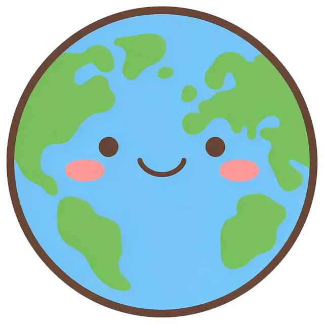 Smiling kawaii planet Earth illustration with blue seas, green land, blushing cheeks and a brown outline