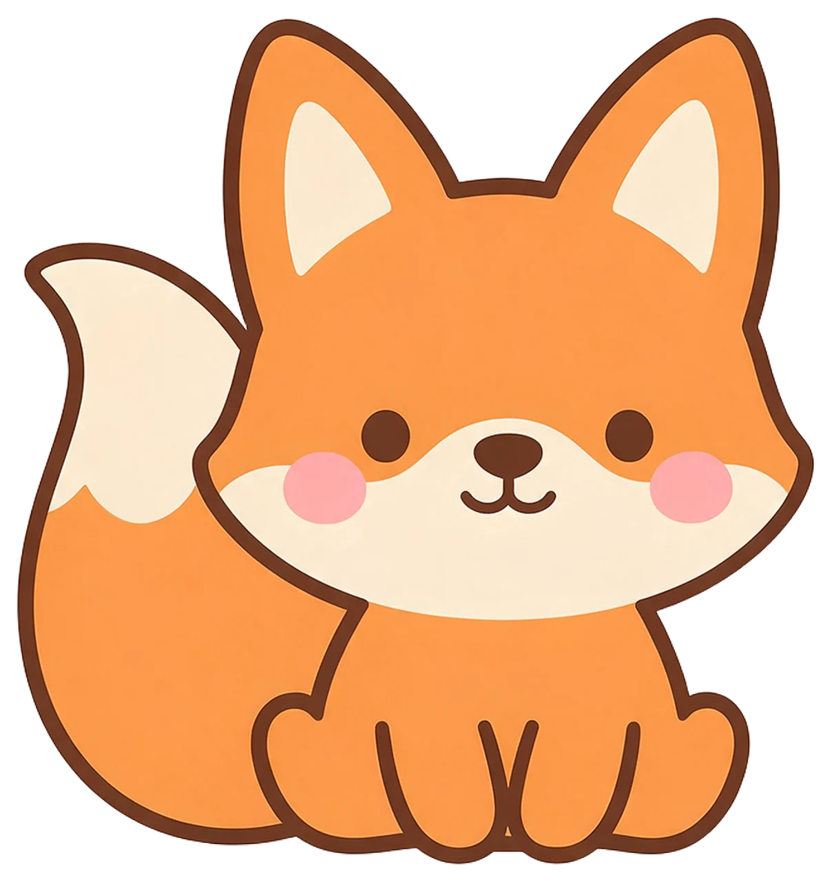 Charming flat illustration of a sitting orange fox with a cream tipped tail and pink blush cheeks