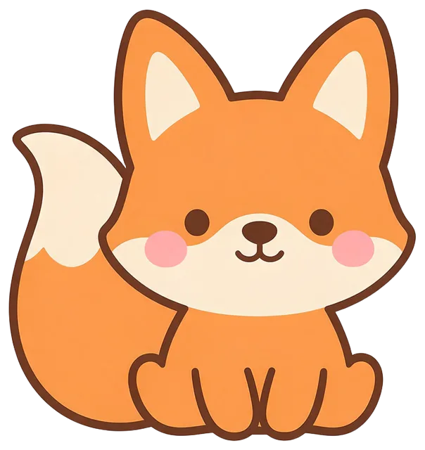 Charming flat illustration of a sitting orange fox with a cream tipped tail and pink blush cheeks