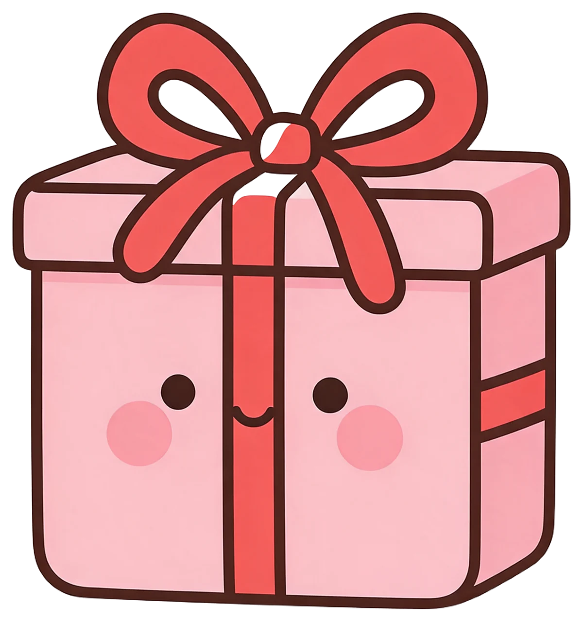 Smiling pink gift box with a big red bow, dot eyes and pink blush cheeks
