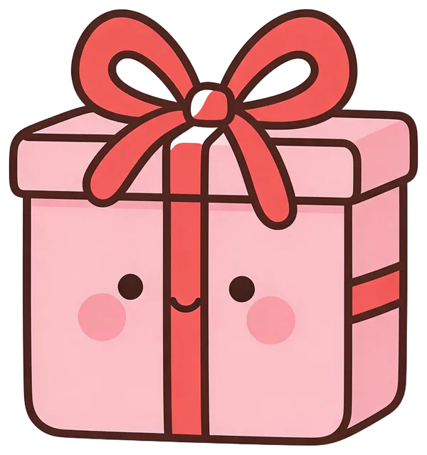 Smiling pink gift box with a big red bow, dot eyes and pink blush cheeks