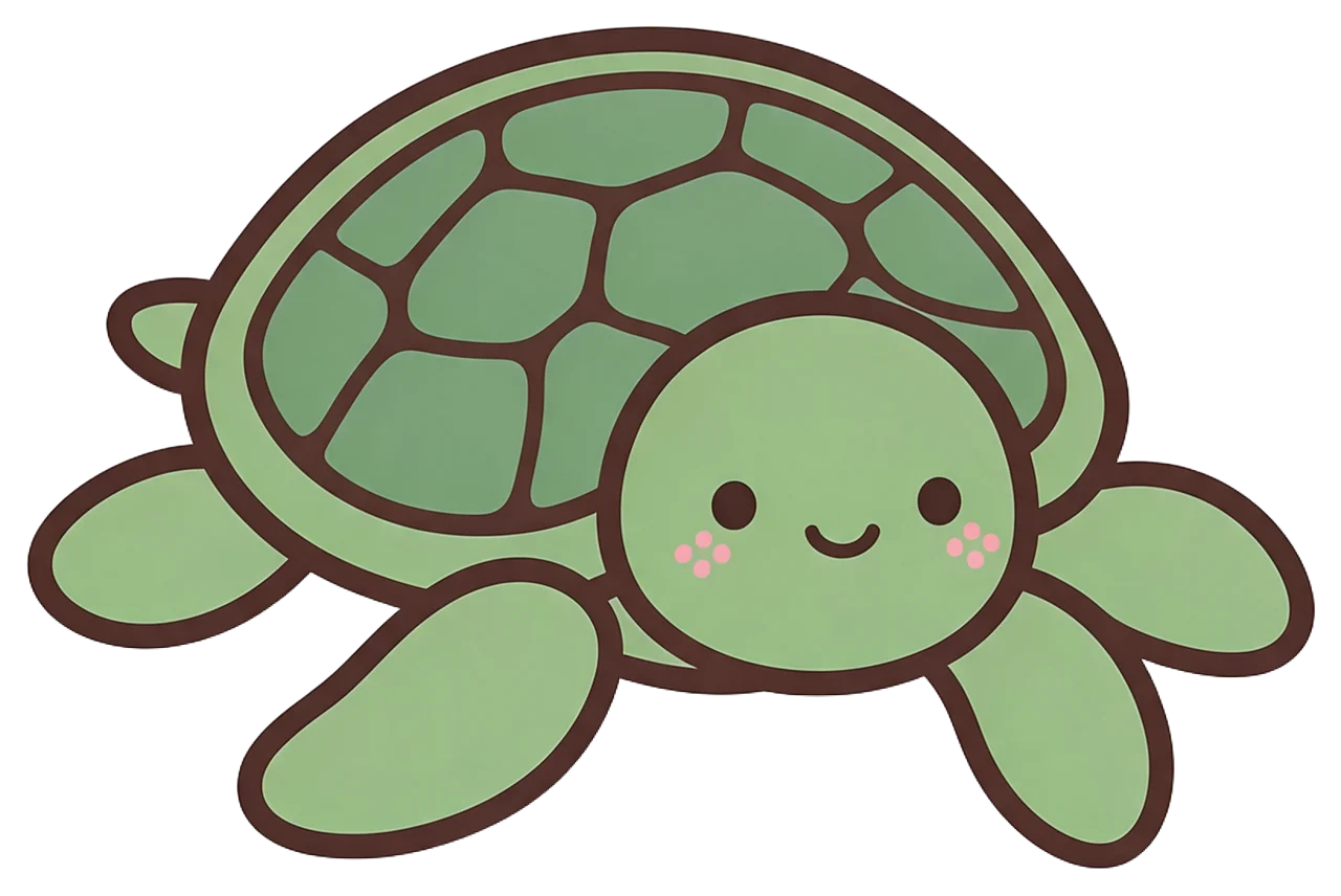 Flat vector kawaii illustration of a smiling green sea turtle with pink blushes and a patterned shell