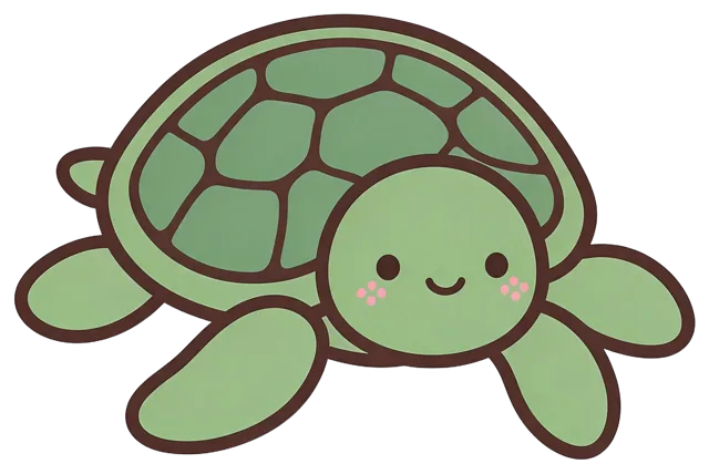 Flat vector kawaii illustration of a smiling green sea turtle with pink blushes and a patterned shell