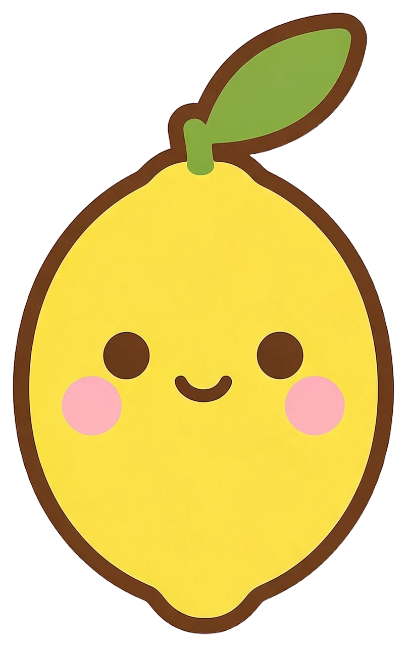 A cheerful kawaii yellow lemon illustration with a leaf, smiling face and pink blush cheeks