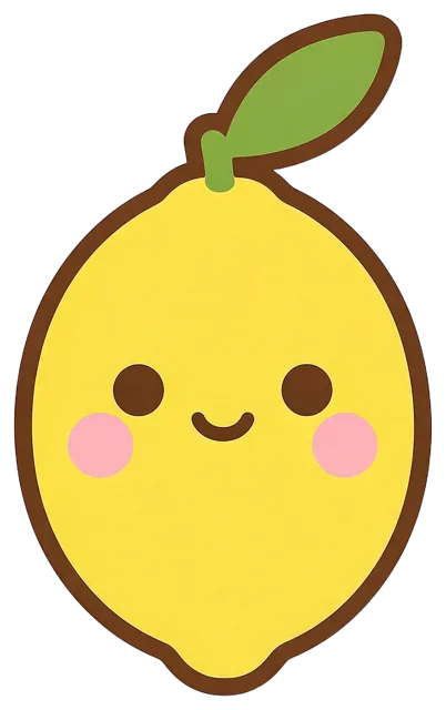 A cheerful kawaii yellow lemon illustration with a leaf, smiling face and pink blush cheeks