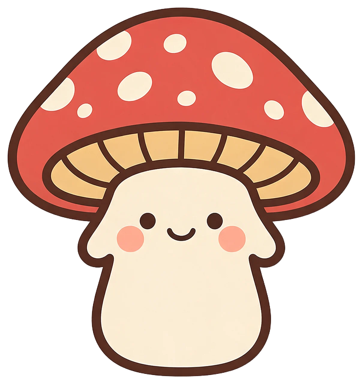Kawaii fly agaric mushroom illustration with a smiling face, pink cheeks and a red spotted cap