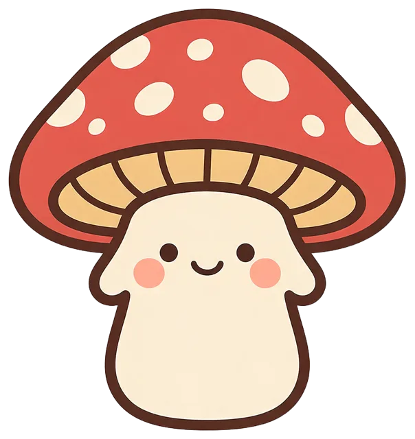 Kawaii fly agaric mushroom illustration with a smiling face, pink cheeks and a red spotted cap