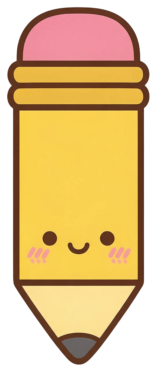 A flat kawaii illustration of a yellow pencil with a pink eraser and a smiling face
