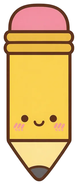 A flat kawaii illustration of a yellow pencil with a pink eraser and a smiling face