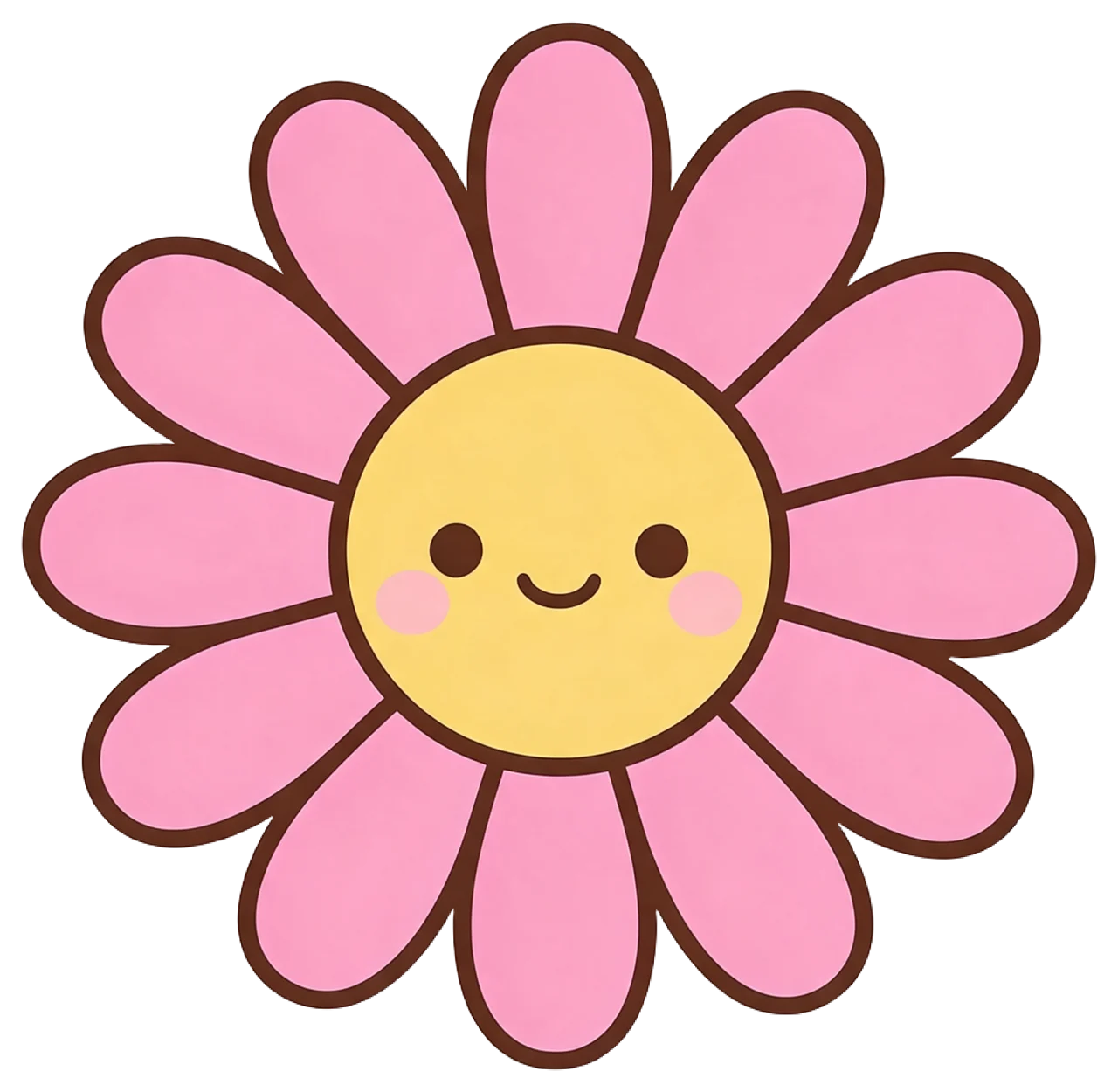 A cheerful smiling pink daisy flower with a yellow center and blushing cheeks