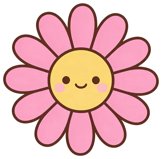 A cheerful smiling pink daisy flower with a yellow center and blushing cheeks
