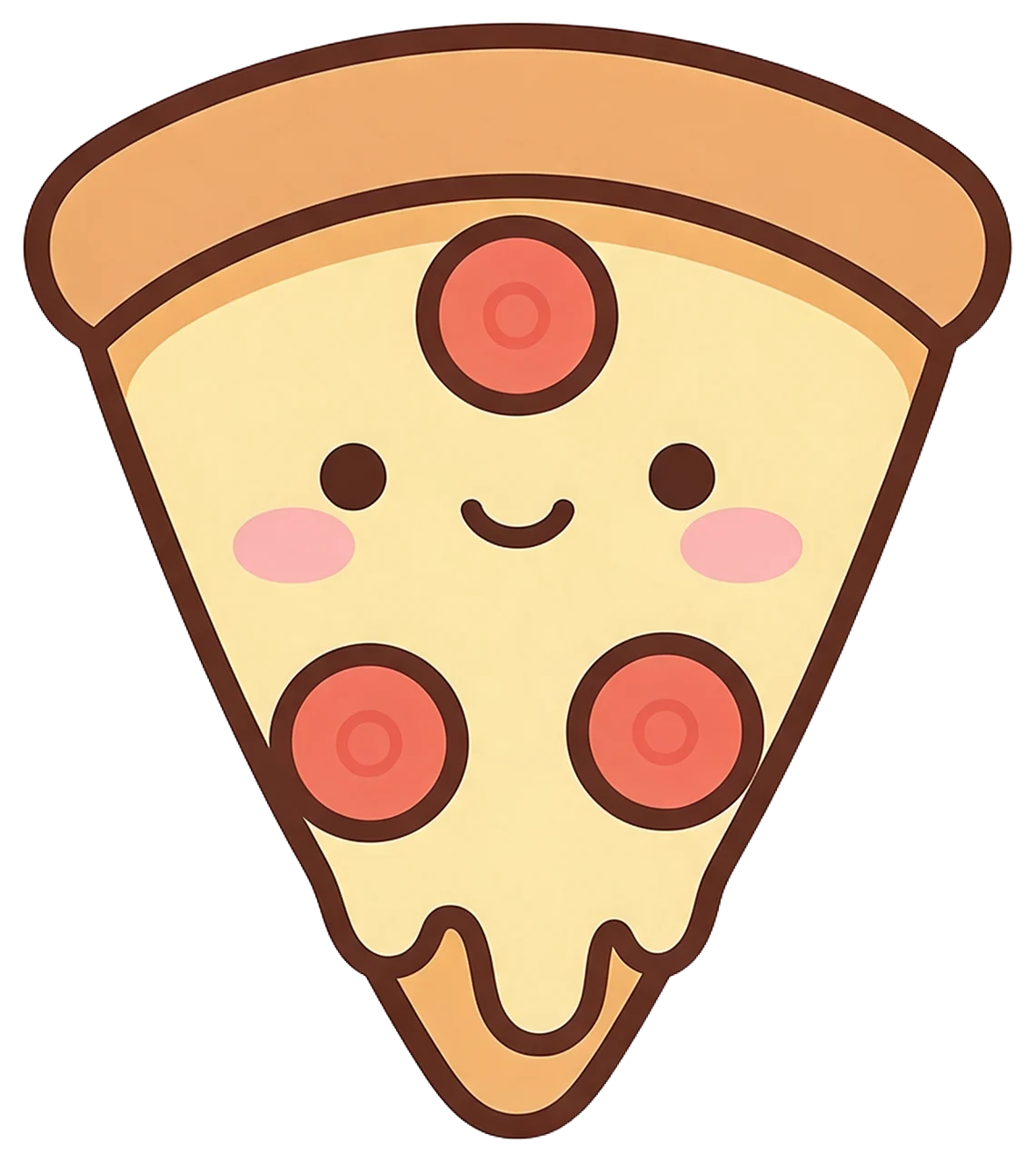 Charming kawaii pizza slice character with a happy face, melted cheese, and pepperoni toppings