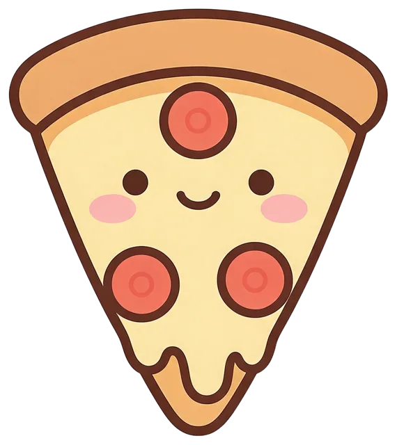 Charming kawaii pizza slice character with a happy face, melted cheese, and pepperoni toppings