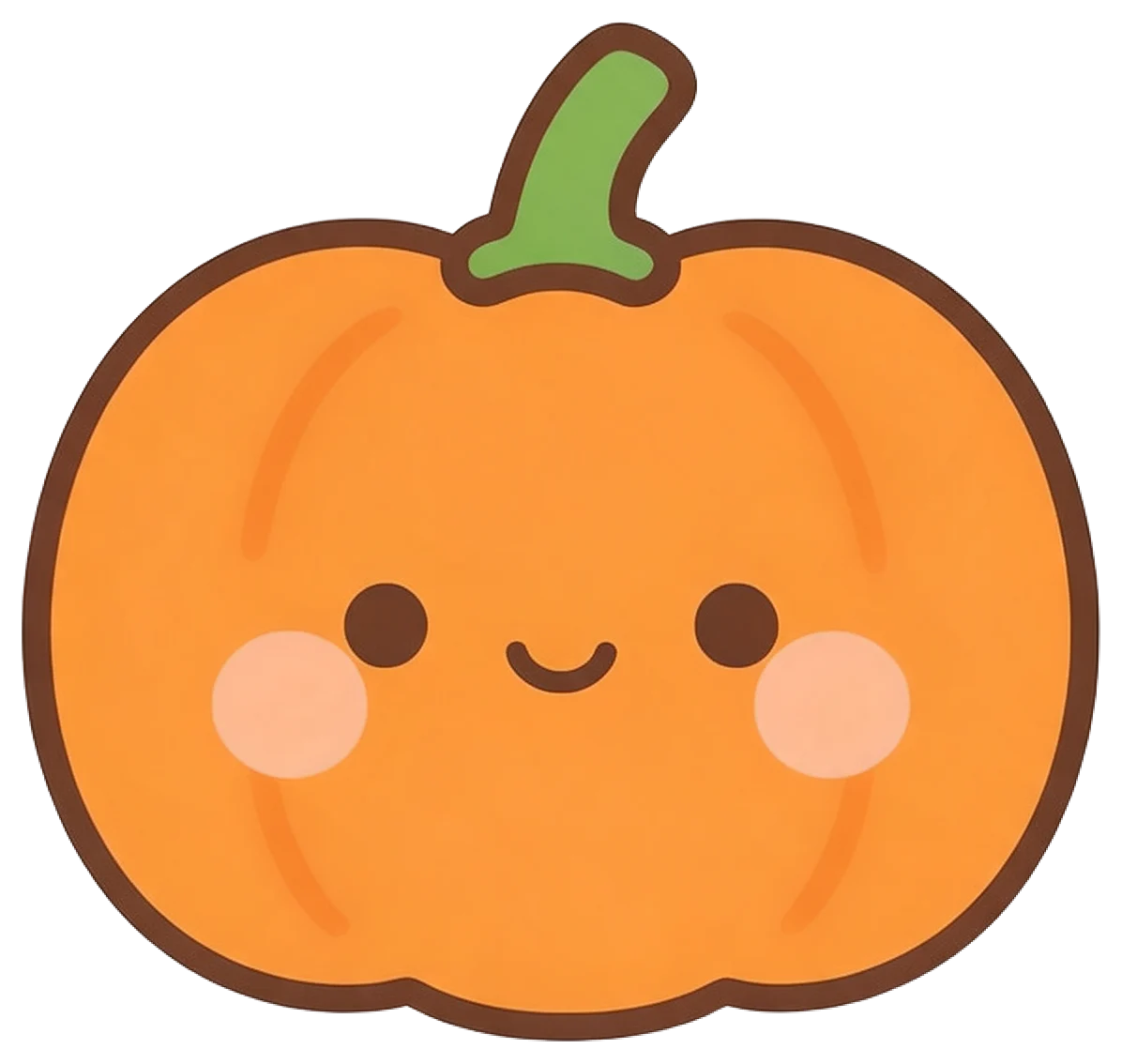Flat illustration of a round kawaii pumpkin with a smiling face and pink blush cheeks