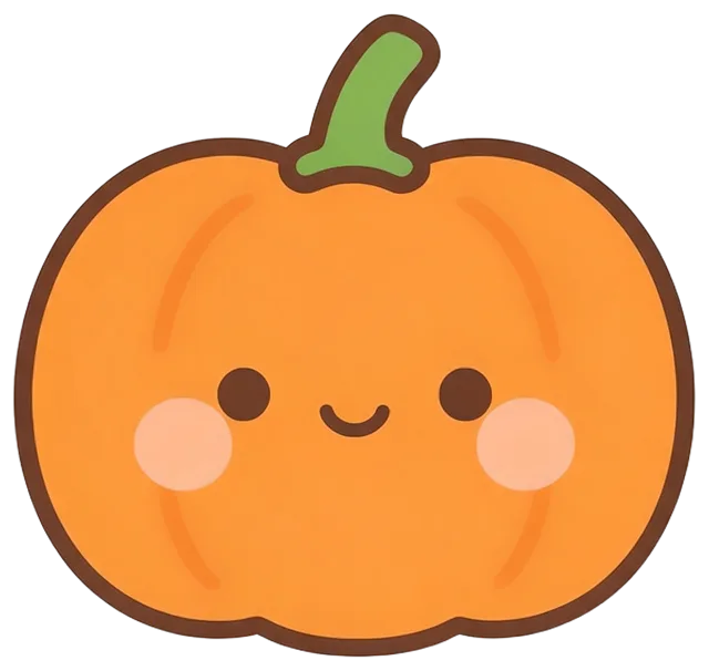 Flat illustration of a round kawaii pumpkin with a smiling face and pink blush cheeks