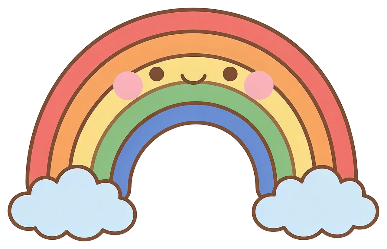 A cheerful kawaii style rainbow with light blue clouds at each end, dot eyes, a smile and pink cheeks