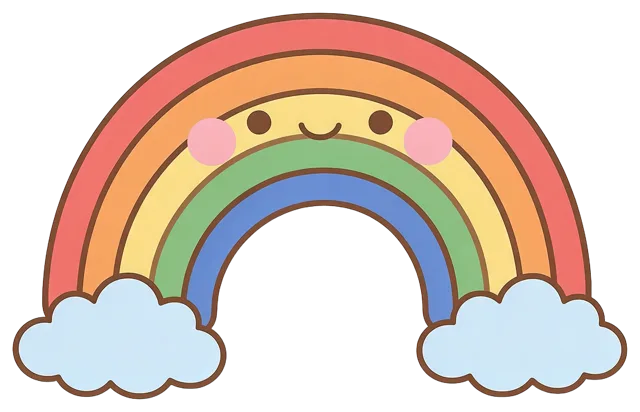 A cheerful kawaii style rainbow with light blue clouds at each end, dot eyes, a smile and pink cheeks