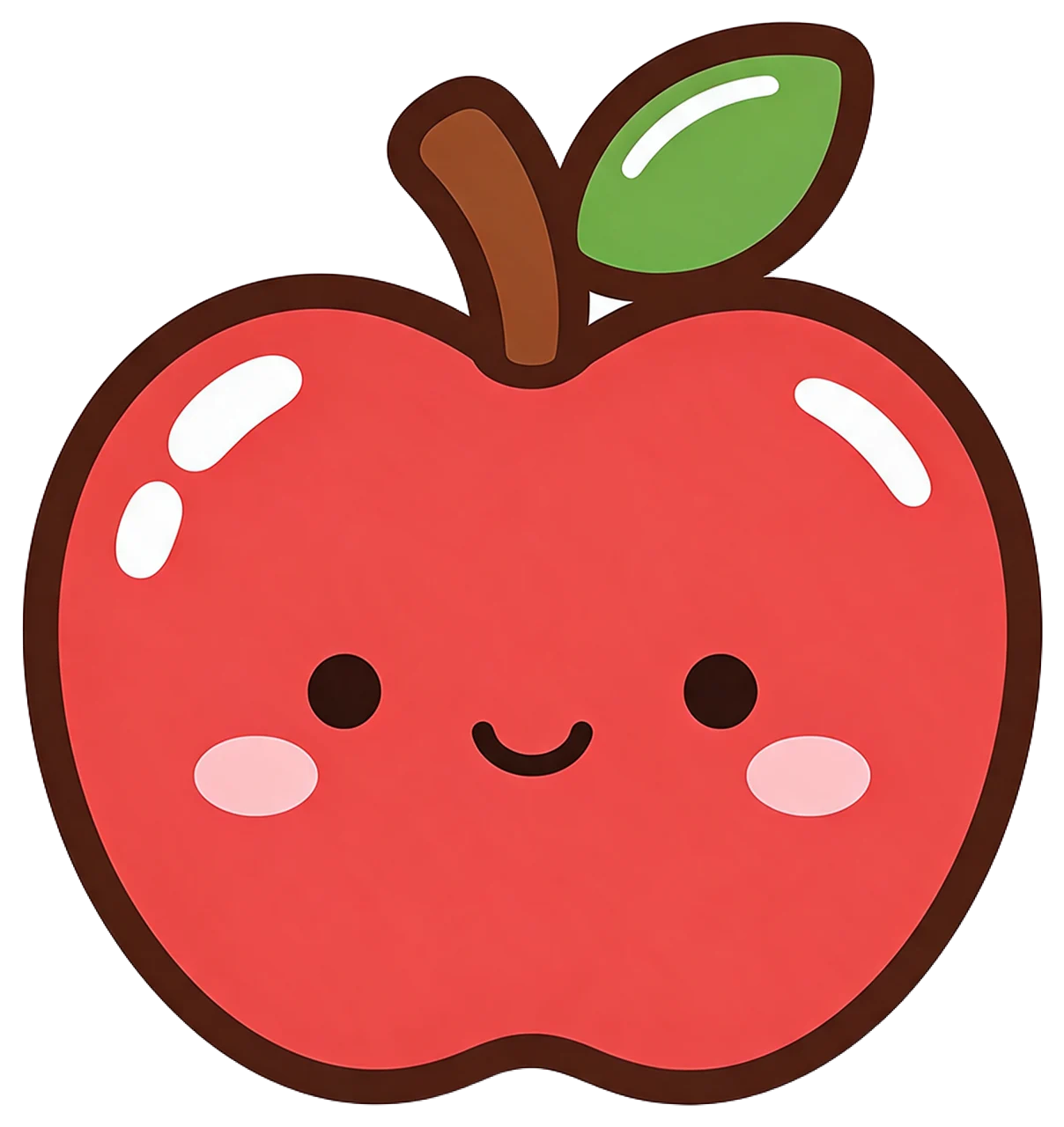 A cheerful kawaii style red apple character with a smiling face, green leaf, and thick dark outline.