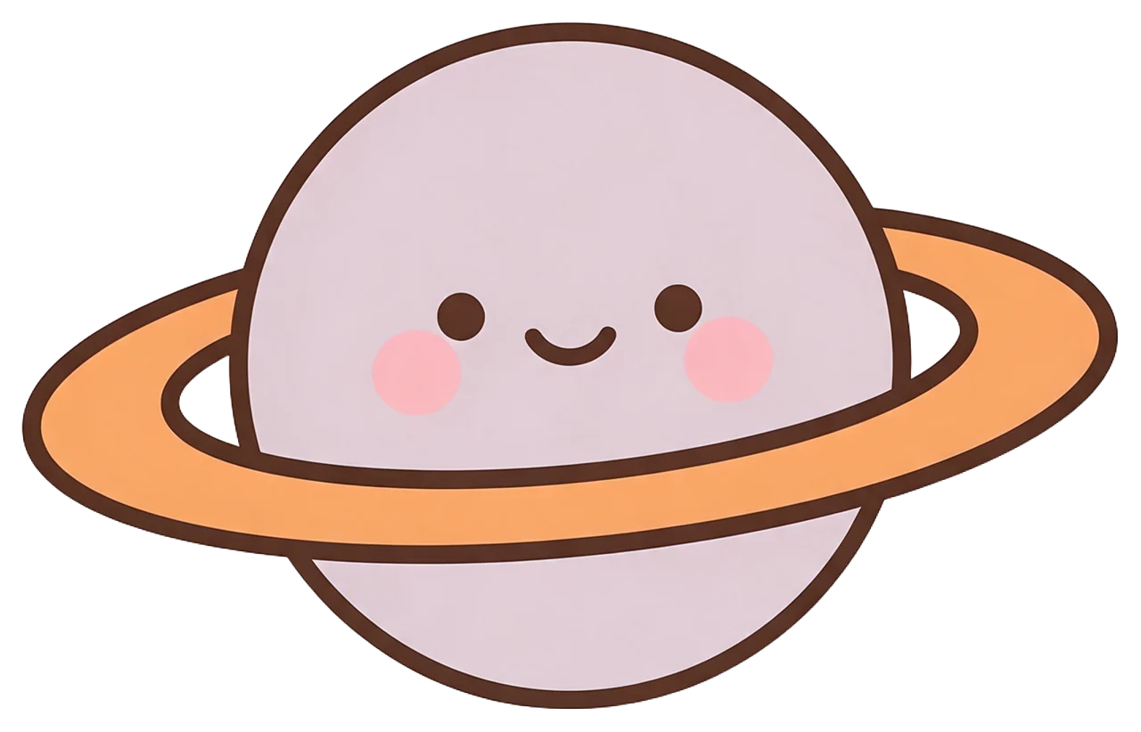 A smiling lilac ringed planet with an orange ring, pink blush cheeks and dark brown outline.