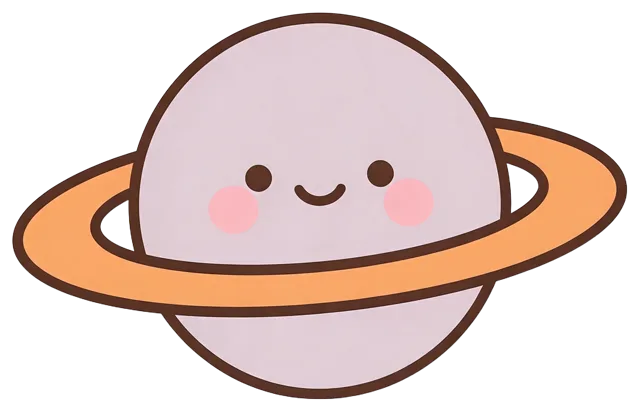 A smiling lilac ringed planet with an orange ring, pink blush cheeks and dark brown outline.