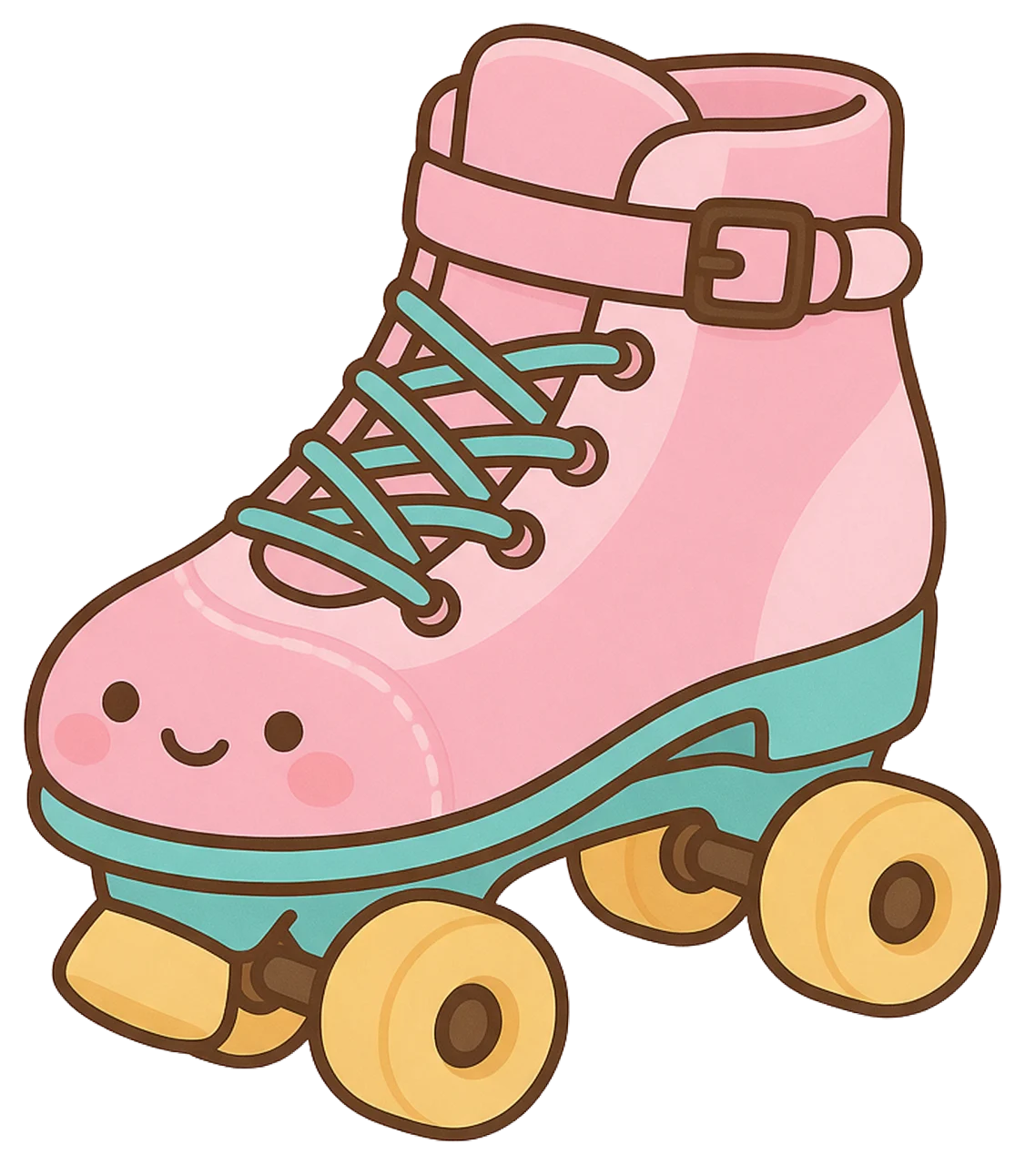 Pastel pink kawaii retro roller skate with a smiling face, yellow wheels and teal laces