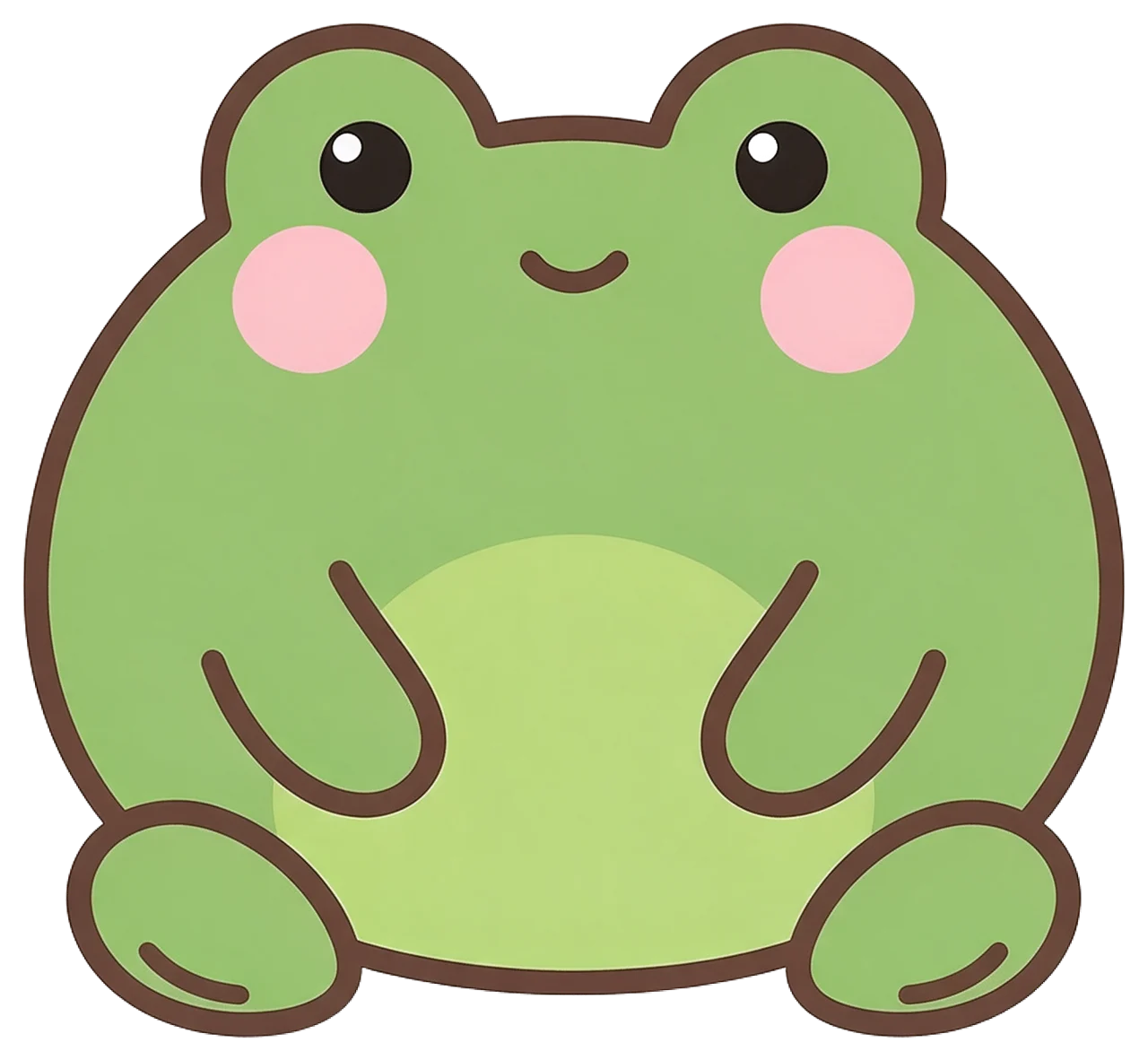 Round cute kawaii green frog illustration with pink blush cheeks and a gentle smile
