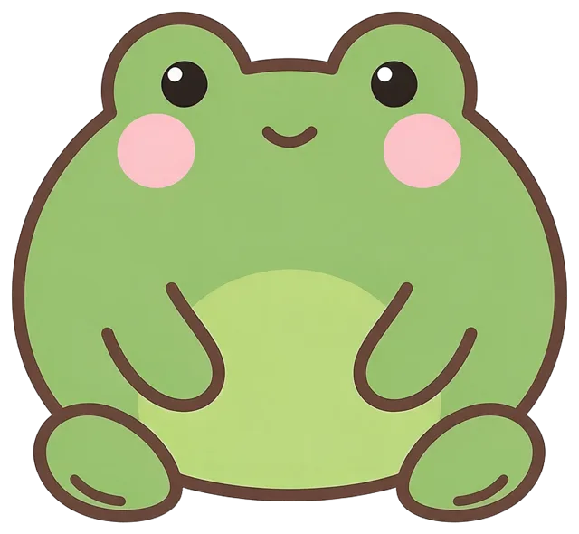 Round cute kawaii green frog illustration with pink blush cheeks and a gentle smile