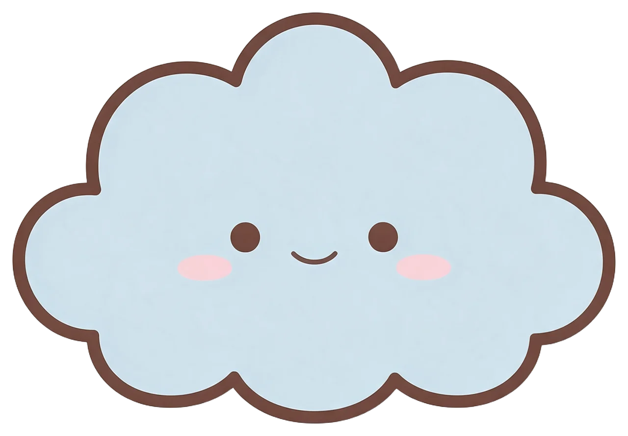 Fluffy pale blue kawaii cloud with a smiling face, pink cheeks and thick brown outline