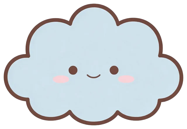 Fluffy pale blue kawaii cloud with a smiling face, pink cheeks and thick brown outline