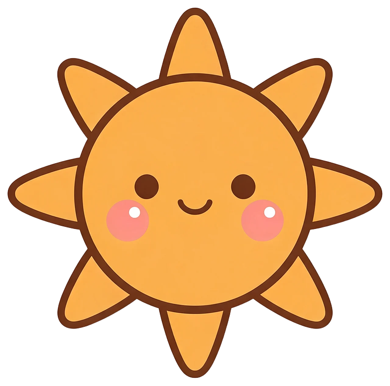 Round kawaii sun character with a gentle smile, pink cheeks and short triangular rays