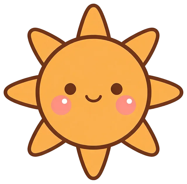Round kawaii sun character with a gentle smile, pink cheeks and short triangular rays