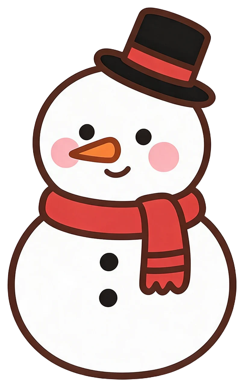 Cute cartoon snowman with a top hat, red scarf, carrot nose, and pink blush cheeks