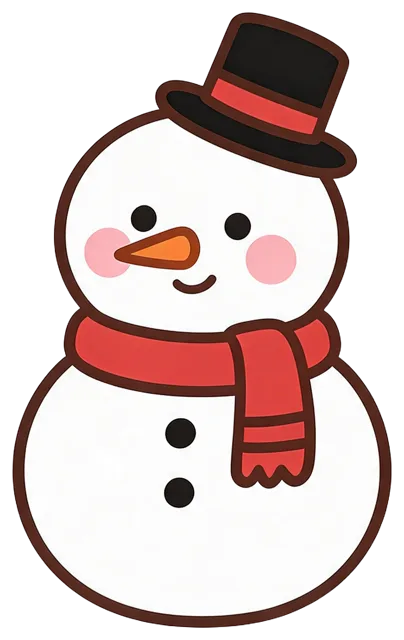 Cute cartoon snowman with a top hat, red scarf, carrot nose, and pink blush cheeks